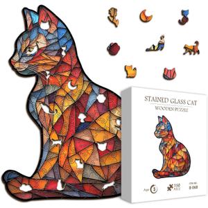 Wooden Stained Glass Puzzles for Adults, Mosaic Cat Jigsaw Puzzle 150 Pieces Art, Colorful Kitten Wood Kitty Puzzle,Unique Animal Shape