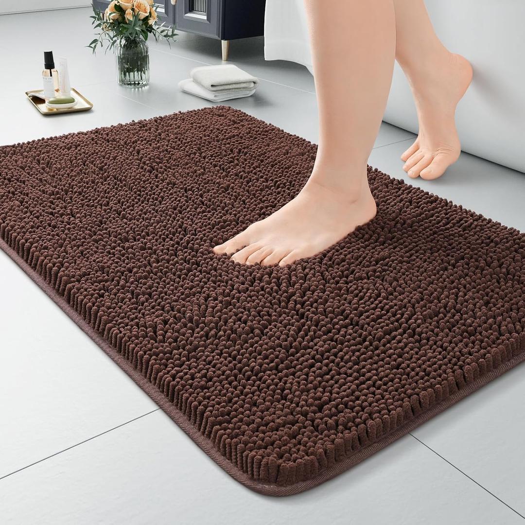 Luxury Bathroom Rug Shaggy Bath Mat 20 x 30 Inch, Washable Non Slip Bath Rugs for Bathroom Shower, Soft Plush Chenille Absorbent Carpets Mats, Brown