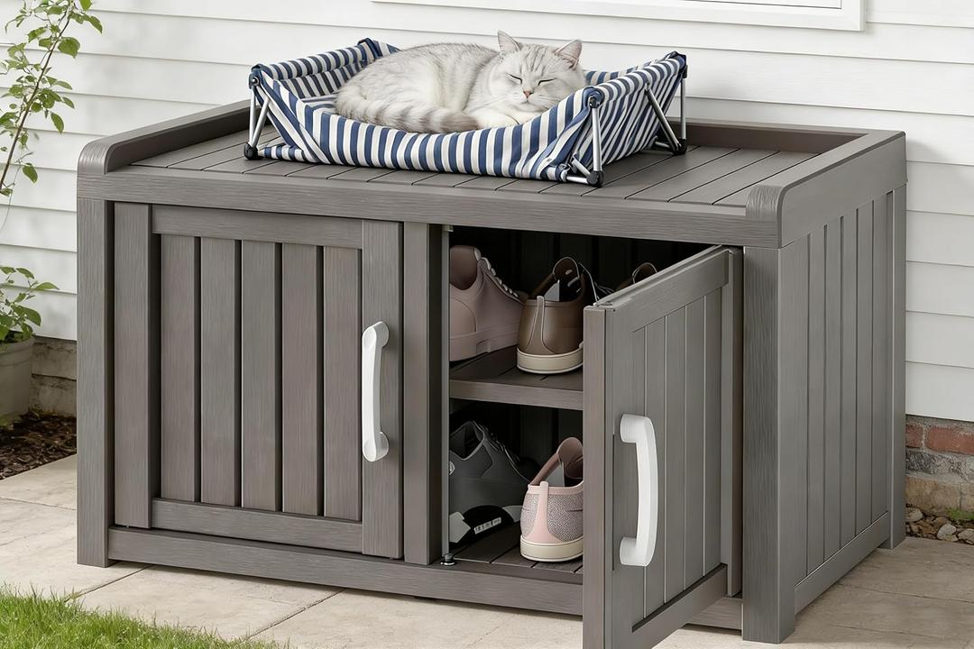 2-Tier Storage Bench, Waterproof UV-Resistant Outdoor Shoe Storage Cabinet with 2 Doors & Adjustable Shelves for Indoor Outdoor Entryway, Hallway, Living Room (Classic Grey), Double Door