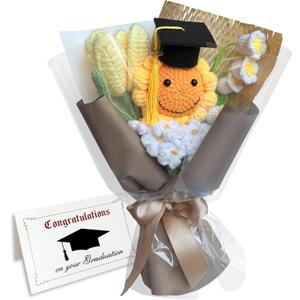 Graduation Gifts Sunflower Crochet Flowers Bouquet with Greeting Cards Handmade Knitted Artificial Flowers Home Decor