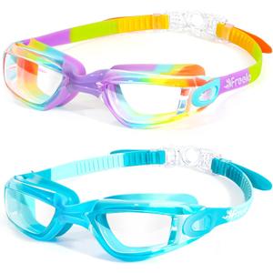 Freela Kids Swim Goggles, 2 Packs Swimming Goggles for Kids 3-14, Boys Girls Swim Goggles Anti Fog UV Protection No Leaking (Rainbow Coast & Blue Lagoon)