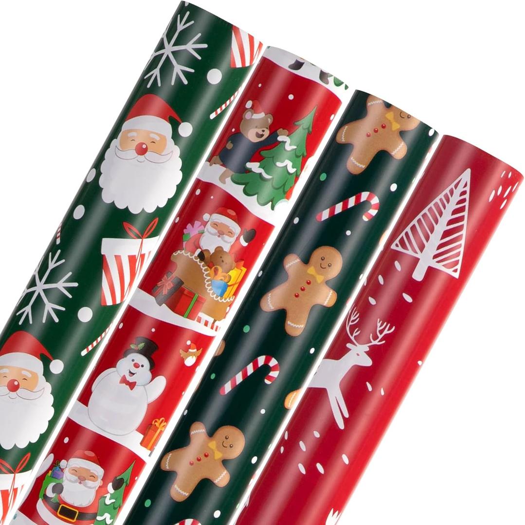 Christmas Wrapping Paper for Gifts (4 Rolls: 148 sq. ft. ttl) Funny Candy Cane Santas, Reindeer, Christmas Tree, Snowflakes - 30 inches x 14.8 feet Per Roll - Christmas Elements Collection
