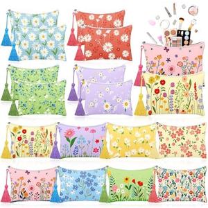 Blosssound 16 Pcs Spring Makeup Bags Bulk Floral Cosmetic Bags with Tassel for Women Daisy Canvas Travel Coin Pouch Valentine Day Easter Birthday Bachlor Wedding Baby Shower Party Return Gift