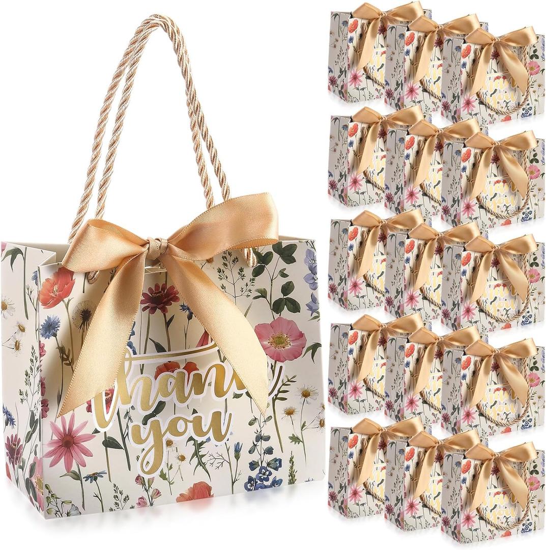 Moinchore 40 Pack Wildflower Thank You Gift Bags with Handles Small Thank You Party Favor Bags with Bow Wedding Welcome Tote for Wedding Bridal Shower Party, 5.5x2.4x4.7 in(Vintage Wild Floral)
