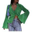 LYANER Women's Deep V Neck Button Front Bell Long Sleeve Blouse Shirt Top Grass Green Medium