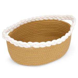 Small Storage Basket, Braided Cotton Rope Basket with Handles - Jute Color Boho Organizer for Bathroom, Nursery & Living Room, Gift & Home Decor (11"x7"x4.7")