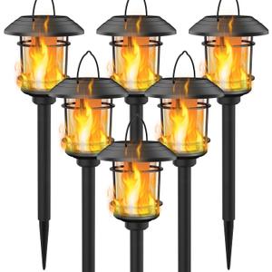 Dynaming 6 Pack Solar Flame Torch Lights Outdoor, Halloween Dual Use Flickering Flame Garden Light, Christmas Hanging Lanterns, Auto On/Off & Waterproof Lighting for Lawn Patio Yard Walkway Driveway