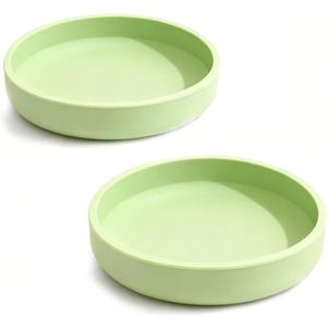 Silicone Cat Bowl Set of 2 Shallow Cat Dishes Small Non-Slip Pet Dog Bowls for Dry & Wet Food, Whisker Fatigue (Round Green)