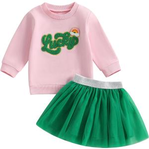 Kayotuas Toddler Baby Girl St Patricks Day Outfit Lucky Charm Sweatshirt and Tulle Tutu Skirts Set Cute Infant Irish Clothes (5-6 Years, Pink Lucky Rainbow)