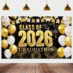 Class of 2026 Graduation Banner Black and Gold Large 71 In x 43 In Congrats Grad Banner for Outdoor/Indoor Party Decorations Happy Graduation Backdrop for 2026 Ceremony