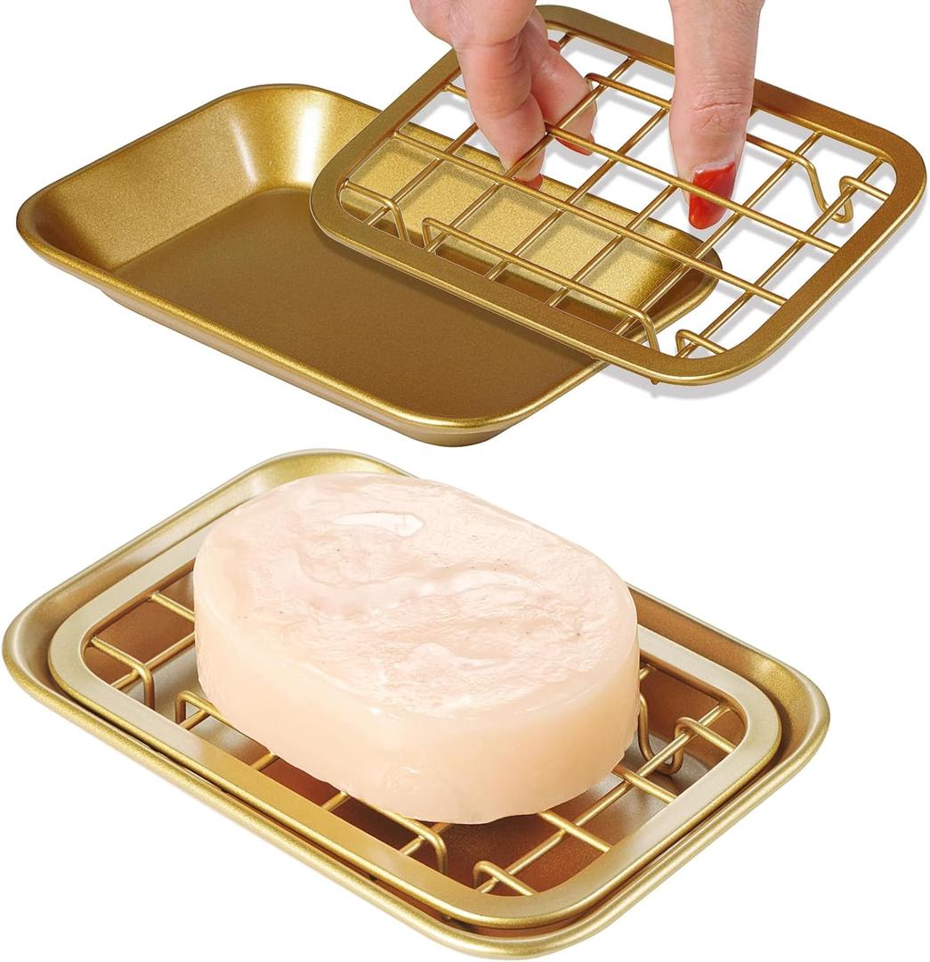 Kitchen and Bathroom Soap Dish Tray - Metal 2-Piece Soap Dish Tray with Drainage Grid and Holder for Kitchen Sink Countertops to Store Soap, Sponges, Scrubbers - Rust Resistant (2 Pack, Gold)