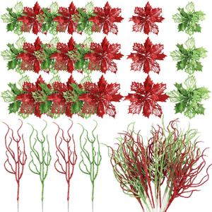 Yinder 48 Pcs Valentine's Day Glitter Poinsettia Artificial Flower with Twigs Christmas Tree Decorations Set for Wreath Table Centerpiece Xmas Wedding Holiday Party Decorations(Green and Red)