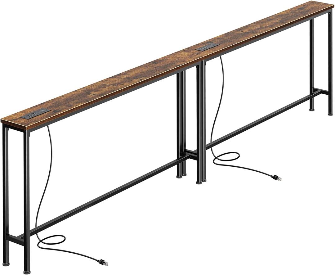 SUPERJARE 102.4 Inch Sofa Table with Power Outlets and USB-C Ports, 5.9 Inch Narrow Console Tables, Entryway Hallway Couch Tables with Storage, Behind Sofa, Small Spaces, Living Room, Rustic Brown