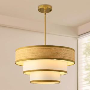 20" Golden Drum Chandelier with White Linen Lampshade 4-Light Modern Farmhouse Chandelier Light Fixture for Dining Room, Kitchen Island, Foyer, Entryway Bedroom, 4L D20"H10.5"