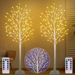 6FT Lighted Birch Tree with 130 LED Warm White and Multicolor Lights, 8 Modes, Timer Remote Faux Light Up Twig Christmas Tree for Indoor Outdoor Xmas Holiday Party Garden Decoration (2 Pack)