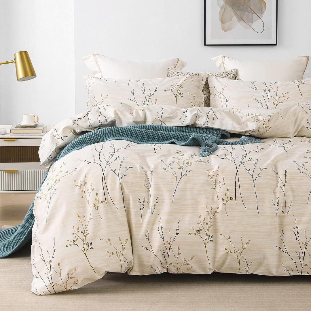 homebox Cotton Duvet Cover Set - 100% Egyptian Cotton Cream Branch Print Bedding Set - 1200 Thread Count Breathable and Textured Duvet Cover Set for All Seasons(King, 90x104'')