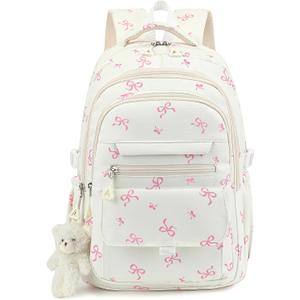 PRLINJSK Girls Backpack for College High Middle School Student, Cute Aesthetic Bookbag for Teens Women with Accessories, Beige Bow