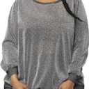 WDIRARA Women's Plus Size Glitter Drop Shoulder Sweatshirt Metallic Round Neck Long Sleeve Party Rave Pullover Tops (Silver)