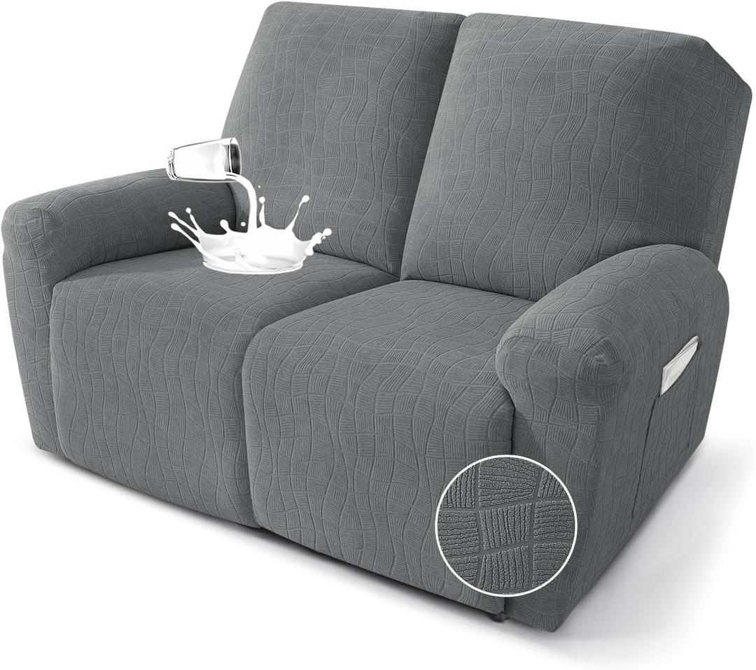MAXIJIN Waterproof Loveseat Recliner Cover 4 Pieces Reclining Love Seat Slipcvers, Recliner Sofa Cover 2 Seater with Elastic Straps & Pockets for Pet, Kids (Loveseat Recliner, Light Gray)
