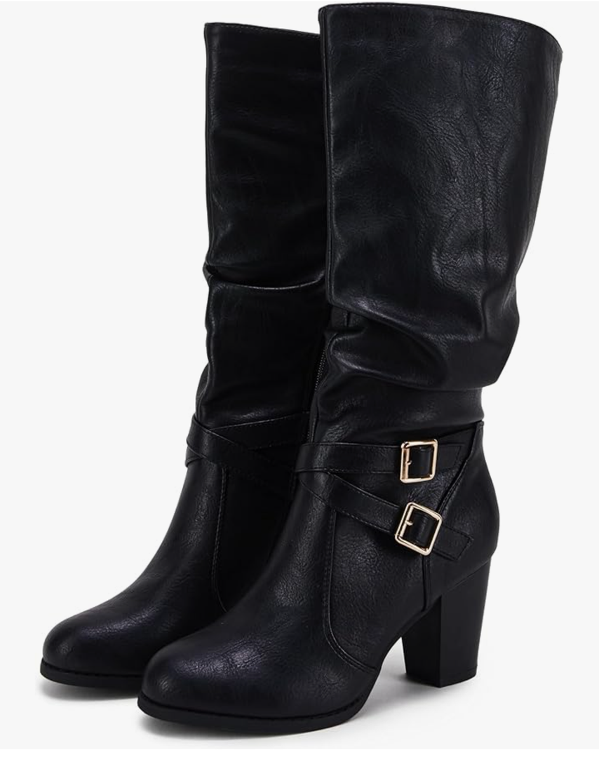 Ermonn Womens Mid Knee High Boots Chunky Heel Slouchy Metal Buckle Side Zipper Fashion Winter Shoes, Size 7.5
