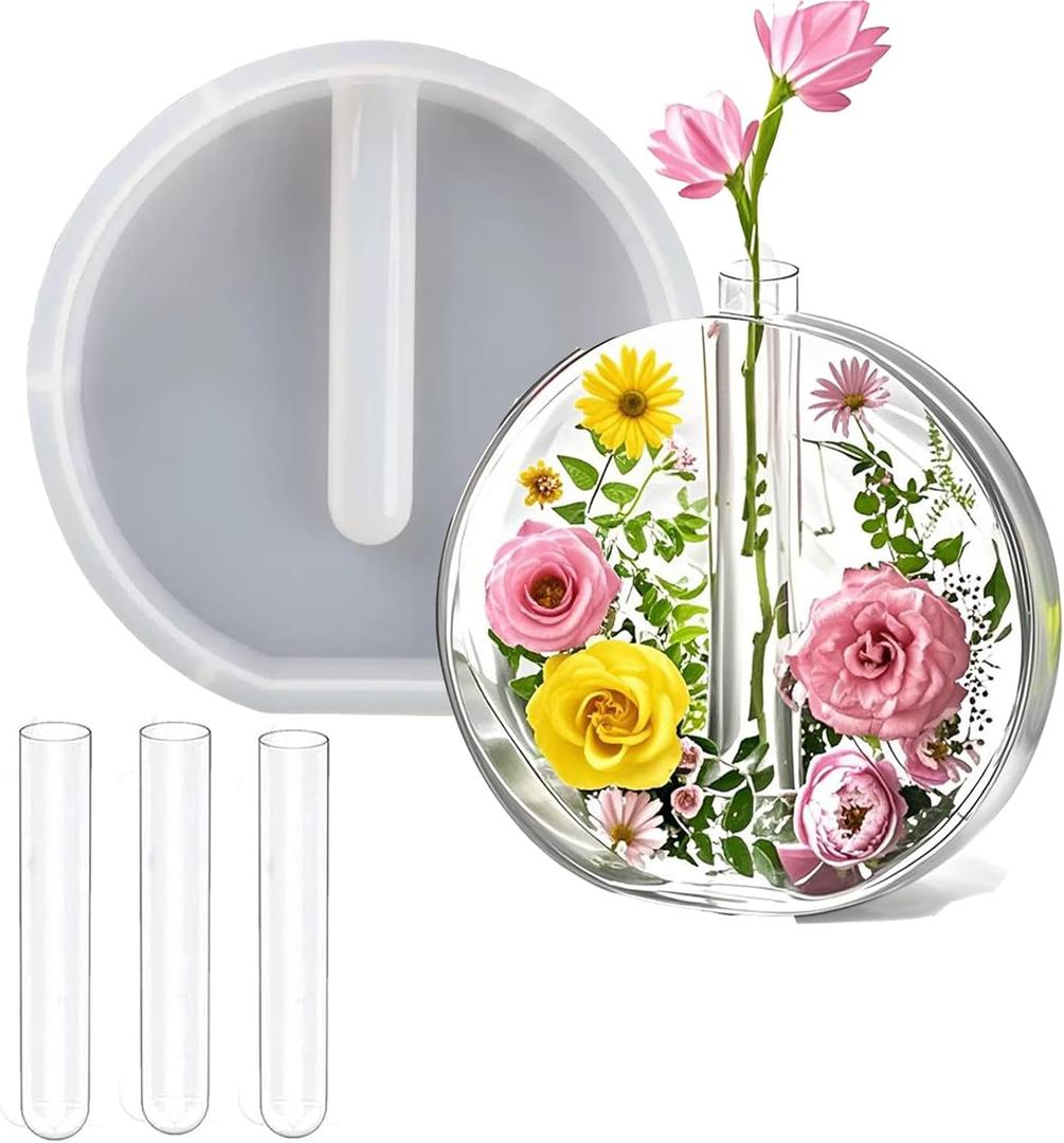 Large Vase Resin Molds, Round Silicone Molds for Epoxy Resin, Deep Resin Mold for Flowers w/3 Test Tubes, 3D Resin Art Molds for Flowers Preservation, DIY Gifts, Wedding Valentine Home Decors