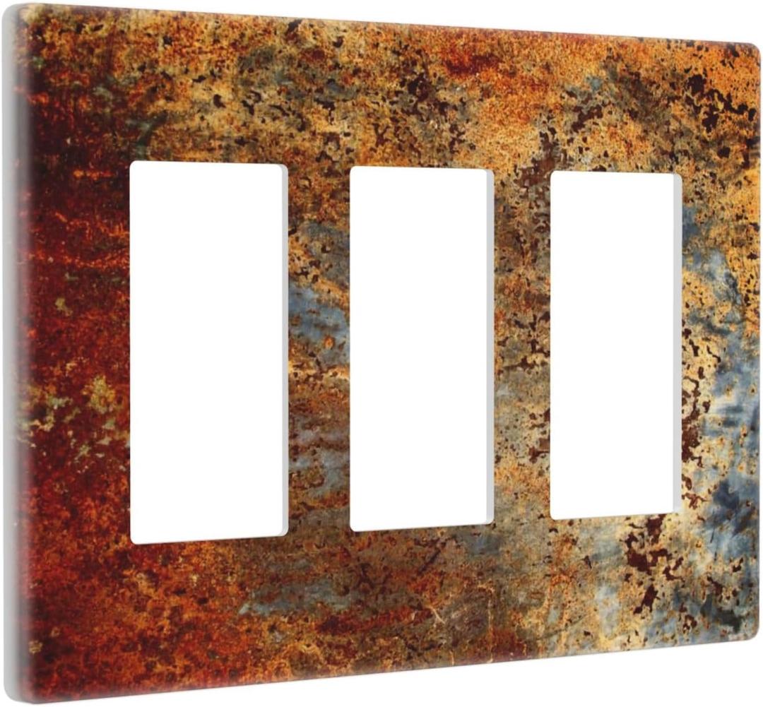 Rust Red Rusty Copper Metal Print Triple Decorator Light Switch Cover 3 Gang GFCI/Rocker Wallplate Decorative Electrical Faceplate Switchplate Dimmer Screwless