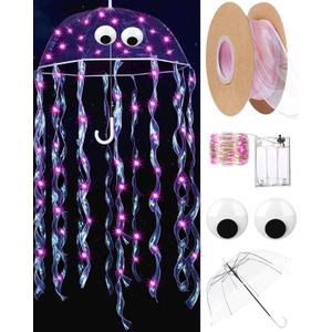 Paterr Halloween DIY Jellyfish Costume Set Including Clear Bubble Umbrella LED String Lights Ribbons Googly Eyes (Pink)
