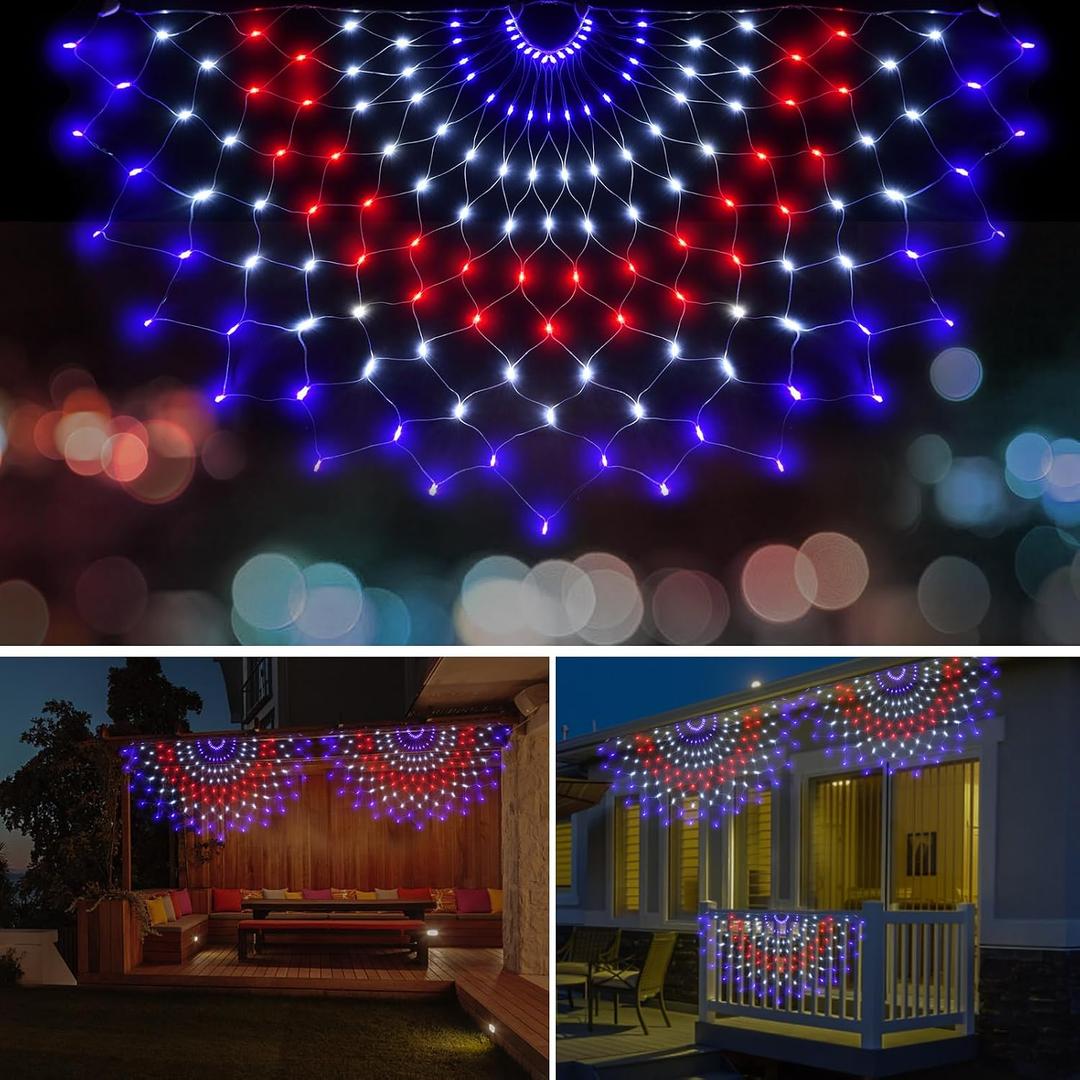 3 Packs American Flag Lights Outdoor - 4x2 FT Half Fan Shape Patriotic Net Light with 8 Modes, 450 LED Waterproof Red White and Blue Lights, 4th of July Memorial Day Decorations for 250th Anniversary