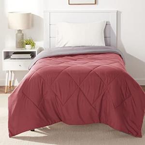 Amazon Basics Twin/Twin XL Reversible Comforter Lightweight Microfiber All Season Blanket, Burgundy/Grey