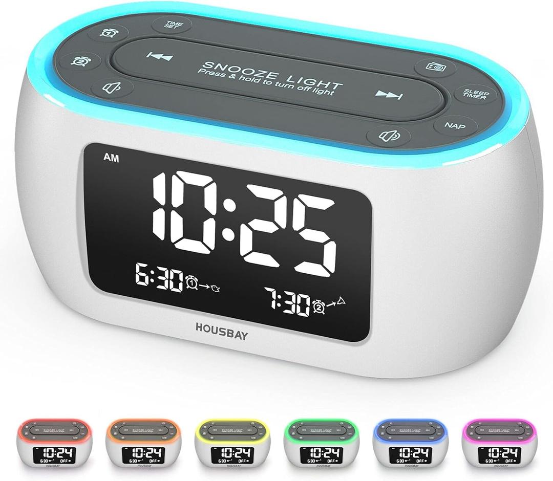 HOUSBAY Glow Small Alarm Clock Radio for Bedrooms with 7 Color Night Light, Dual Alarm, Dimmer, USB Charger, Battery Backup, Nap Timer, FM Radio with Auto-Off Timer for BedsideWhite