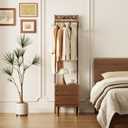 Solid Wood Nightstand with Clothes Rack,Walnut Nightstand with 6 Coat Hooks,Clothes Rack with Drawers,Small Night stand for Small Spaces,Walnut Clothing Racks for Hanging Clothes,Coats,Bags