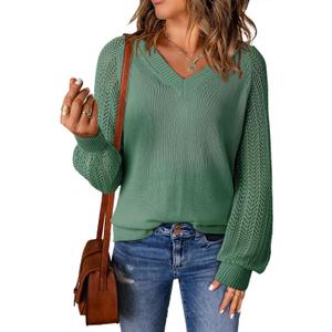 Dokotoo Women's Casual V-Neck Long Sleeve Sweaters Solid Color Pullover Knit Sweater Jumper Tops