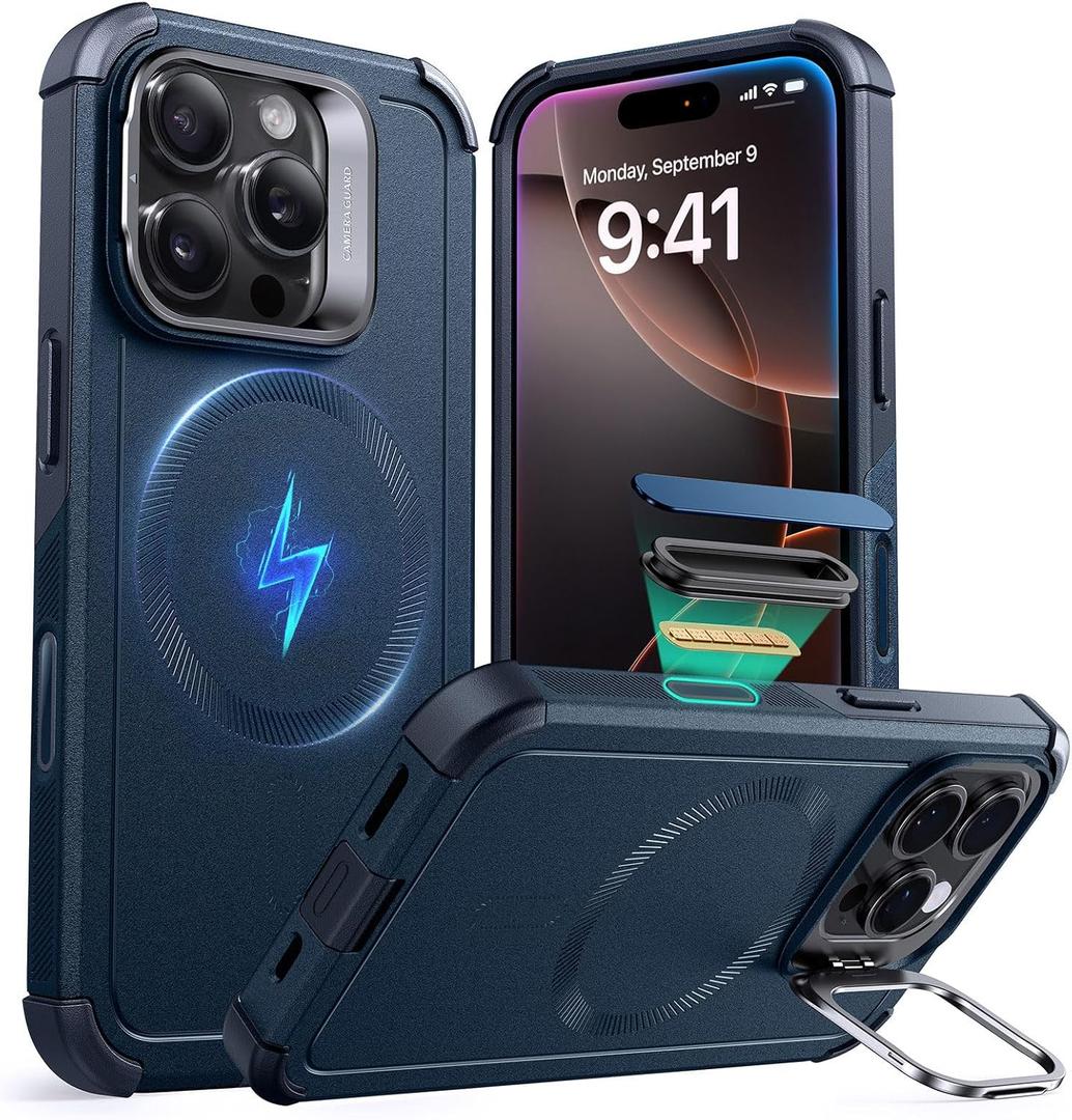 ESR for iPhone 16 Pro Max Case with Stash Stand, Camera Control, 23FT Military-Grade Shock-Absorbing Drop Protection, Compatible with MagSafe Accessories, Magnetic Cyber Series, Navy Blue