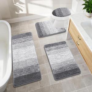 Bsmathom Bathroom Rugs Sets 4 Piece, Soft Absorbent Microfiber Bath Rugs with U-Shaped Contour Toilet Rug and Toilet Lid Cover, Thick Non-Slip Plush Shaggy Bath Mat Set, Grey