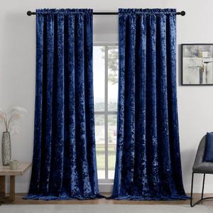 SMILETIME Navy Blue Crushed Velvet Curtains 52x96inch Rod Pocket Luxurious Thermal Insulated Soundproof Drapes Soft and Durable Light-Filtering Window Treatments for Living Room Bedroom, 2 Panels
