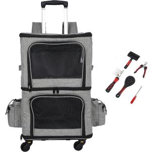 Double Pet Carrier Backpack with Wheels for Small Dogs & Cats, Dual Compartment Rolling Carrier for Vet Visits & Road Trips (Not Designed for Under-Seat Airline Travel, Check Size Guide)