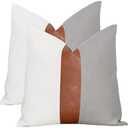Vfuty Decorative Boho Throw Pillow Covers 18x18 Rustic Cotton Sofa Pillowcase, Modern Faux Leather Accent Pillow Cover Farmhouse Home Decor, Grey and White (Pack of 2, Cover ONLY), 4 Piece