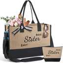 FURTOM Mothers Day Gifts for Sister Gifts from Sister Birthday Large Jute Zipper Tote Bag and Makeup Bag Set