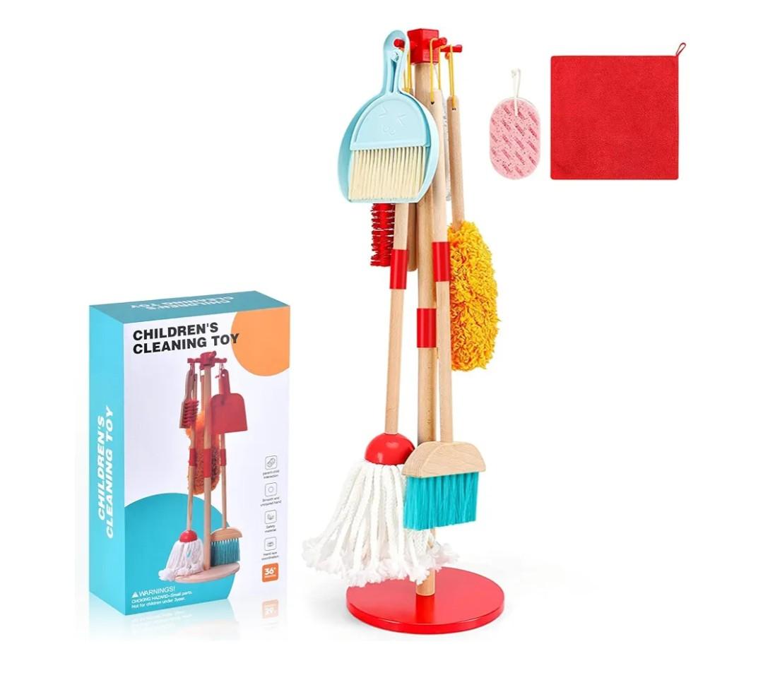 WHOHOLL Wooden Kids Cleaning Toy Set Toddler Broom and Dustpan Set for Housekeeping 9 Pcs Broom and Mop Set for Toddlers 3-6, Cleaning Toys with Sponge, Christmas Birthday Gifts for Boys Girls
