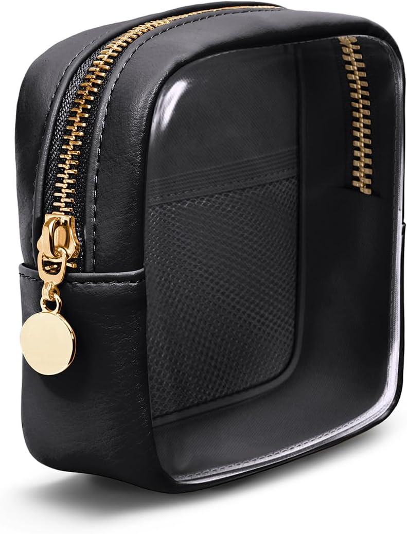 Wandering Nature Clear Makeup Bag for Purse Mini Make up Bag Cute Cosmetic Pouch for Women with Slip-in Pockets Travel Toiletry Essentials Vegan Leather Organizer Pouch,Patent Pending (Black)