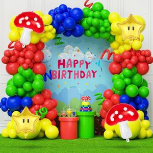 156pcs Red Blue Green Yellow Balloon Garland Kit Mushroom Star Balloons for Cartoon Video Game Theme Super Bros Birthday Game Birthday Party Supplies