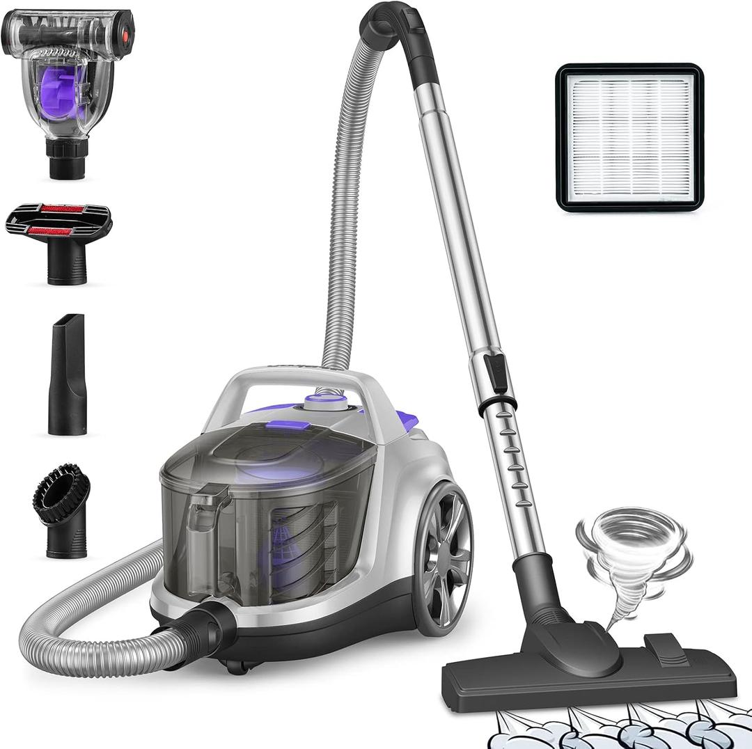 Aspiron Canister Vacuum Cleaner, 40Kpa Bagless Vacuum Cleaners, 4QT Large Dust Cup, Double HEPA Filter, Retractable Cord, 1600W Lightweight Vacuum Cleaner with 5 Tools for Hard Floors, Silver