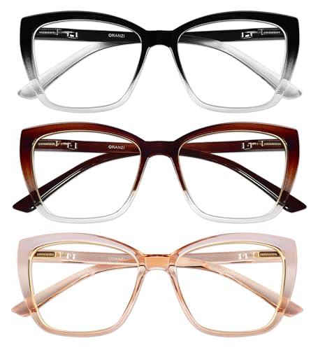 ORANZI Reading Glasses Women, 3 pack Fashion Oversized Blue Light Readers Women, Spring Hinge Cat Eye Glasses Anti Eyestrain(C1 Black Transparent & Claret Transparent & Champagne, 2.00)