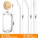Drinking Glasses with Bamboo Lids and Glass Straw 2PCS Set, 16oz Glass Cups with Lids and Straws, Beer, Iced Coffee Glasses, Soda, Gift 1 Cleaning Brushes