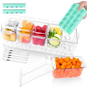 Ice Chilled Condiment 15.3 Containers 5X 20oz(2.5 Cup) Server with Separate Lids, Taco Bar Serving Set Tray Platter with Removable Dishes for Fruit, Salad, Party Garnish