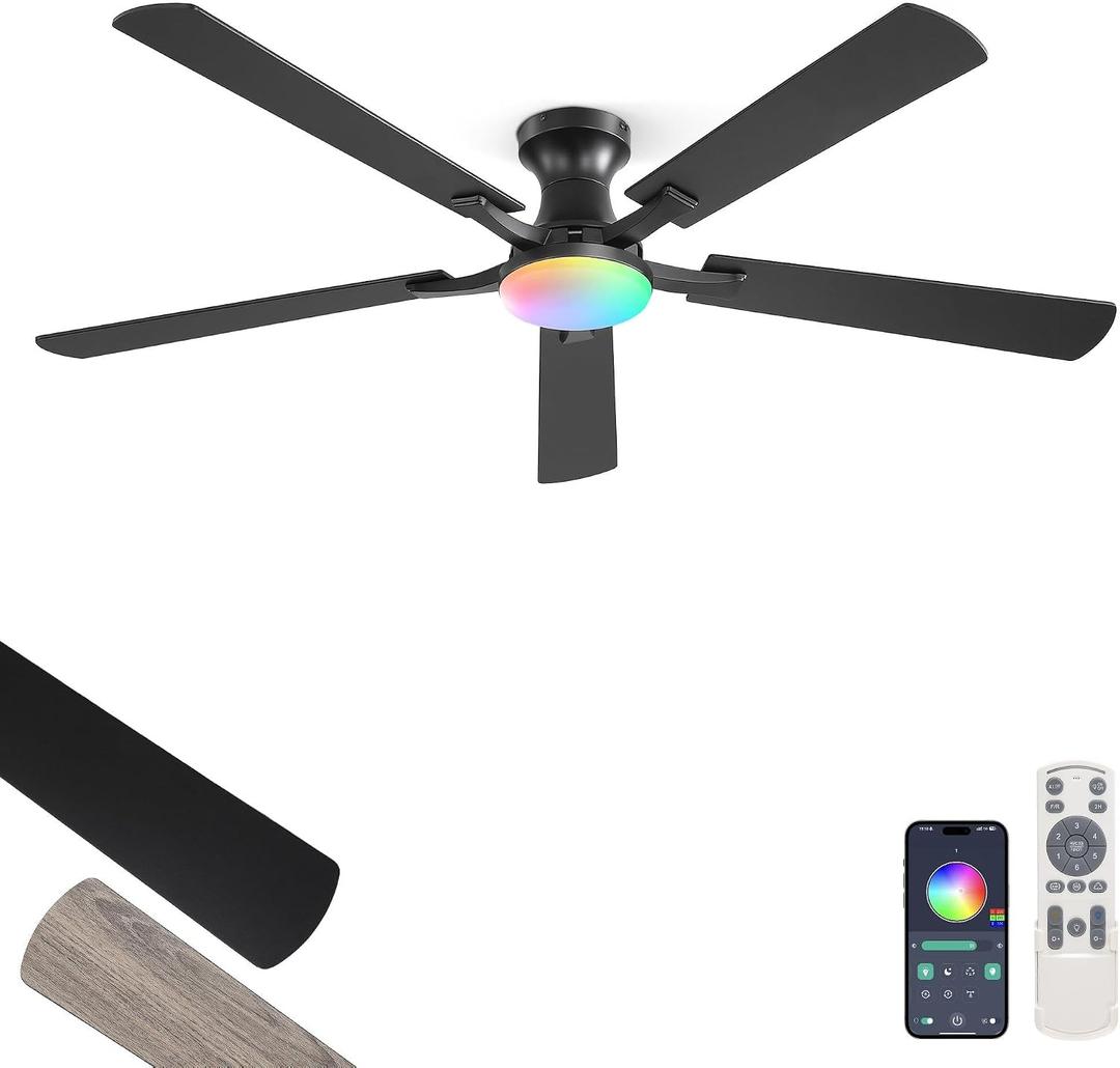 ZMISHIBO 60 Inch RGB Ceiling Fan with Light, Remote&App Control,Flush Mount