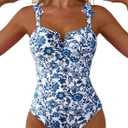 Aleumdr Women's One Piece Swimsuits Tummy Control Bathing Suits V Neck Boho Tie Shoulder Ruched Full Coverage Swimwear L