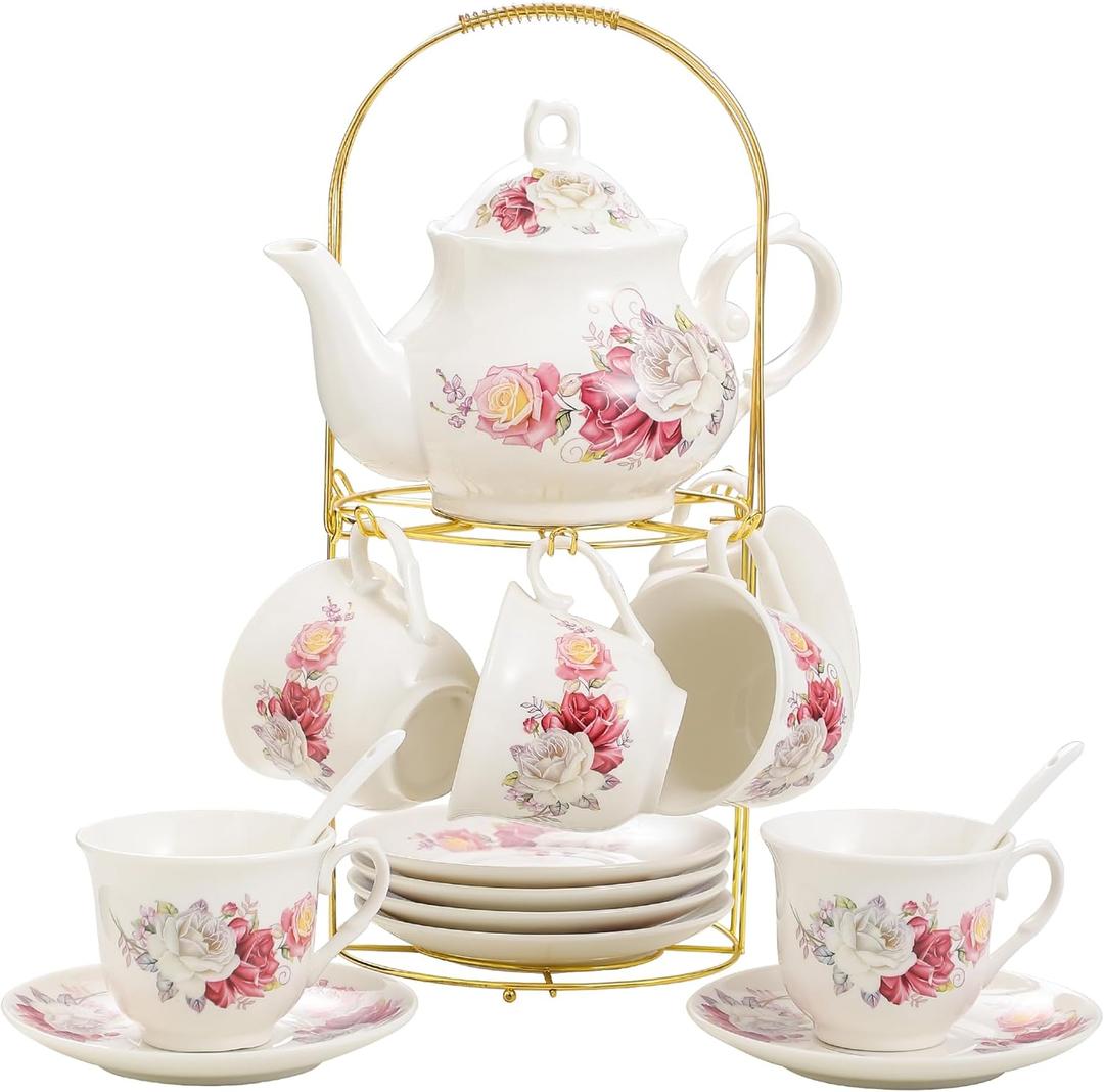20-Pieces Porcelain Bone china Tea Sets,Gold Rim Coffee Set with Golden Metal Rack,Tea Gift Sets for Home&Party (003)