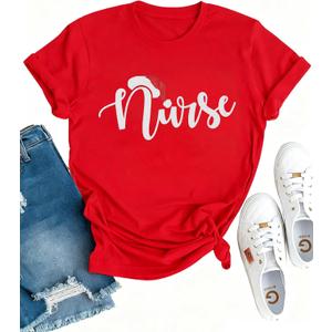 Christmas Shirts for Women Christmas Nurse Tshirt Nurse Letter Print Clothes Christmas Holiday Top (Red, XXL)
