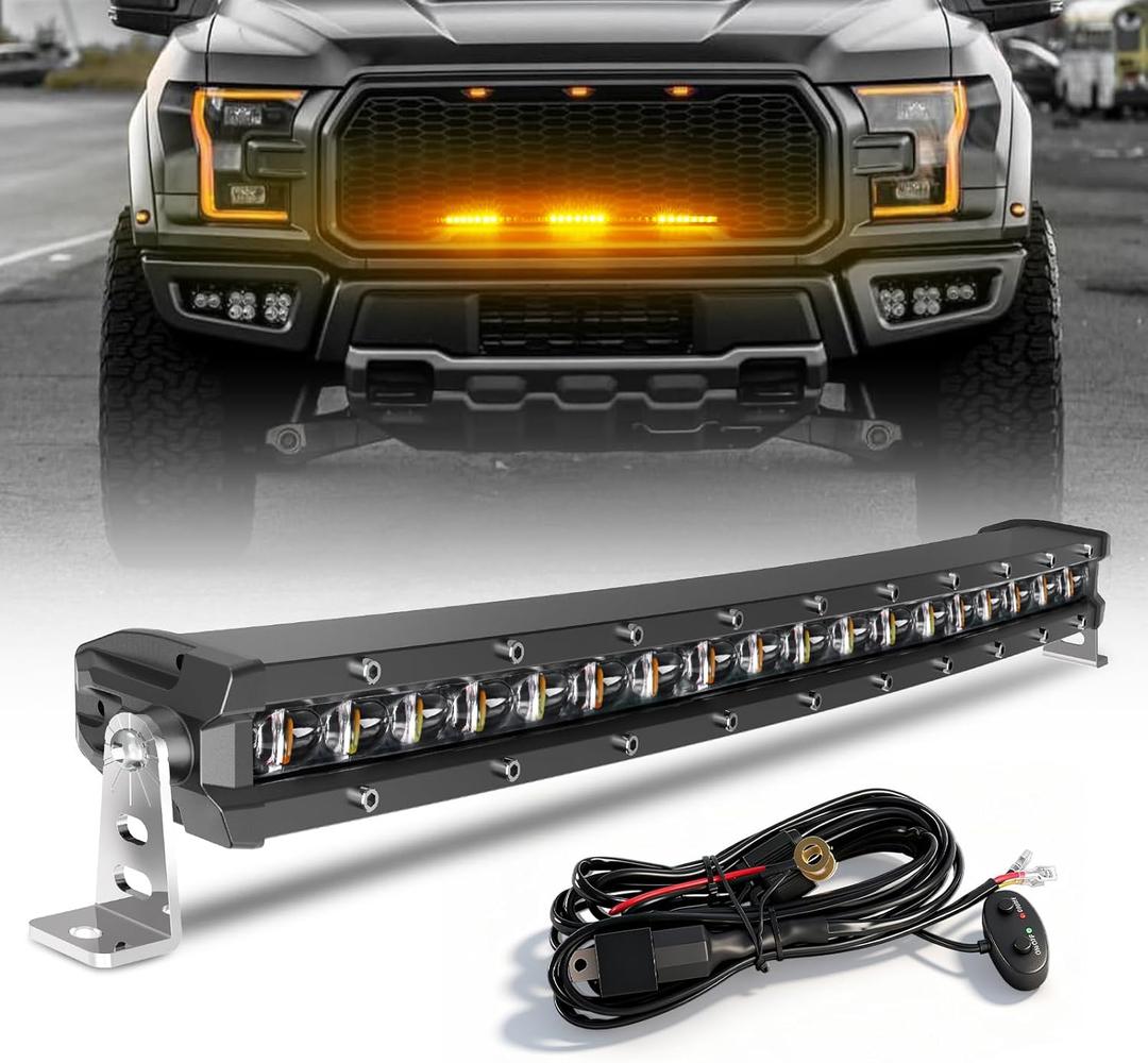 [Curved] [White & Amber Strobe] 20 inch LED Light Bar, Single Row Slim LED Bar for ATV UTV Car Truck Off-Road, Driving Beam + Flashing Chase Light with Wiring Harness